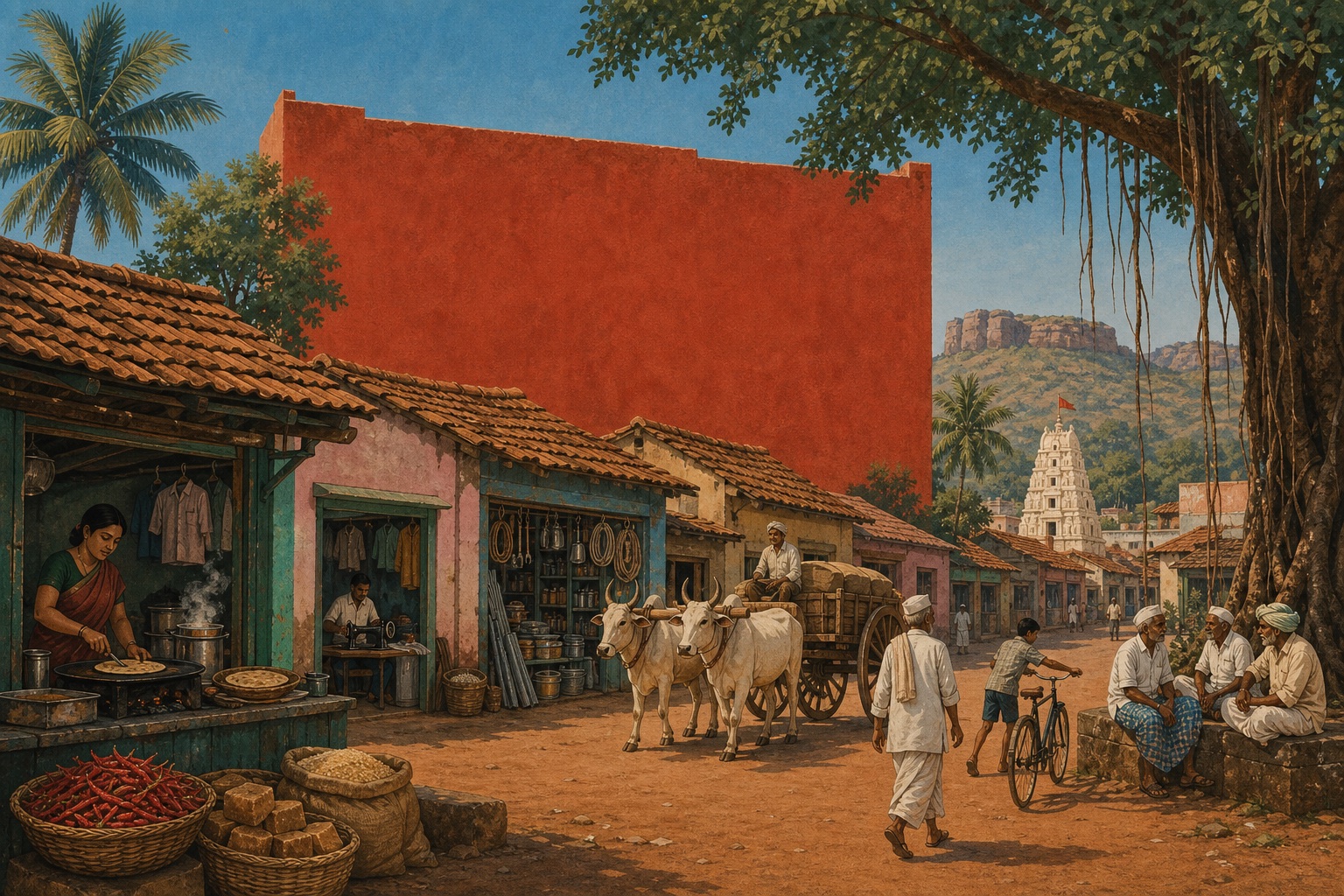 Illustration of a North Karnataka street: tiled-roof shops, a jolada rotti stall, a bullock cart and a banyan tree.